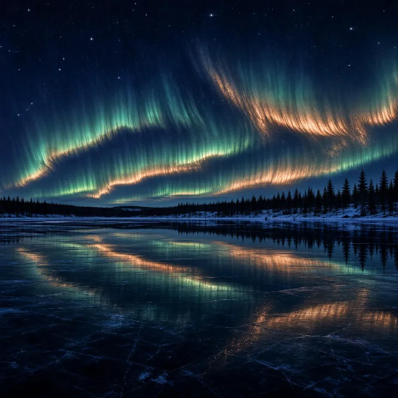 A vast frozen lake under a night sky filled with swirling aurora borealis colors that reflect on the icy surface, with dark trees lining the shore.