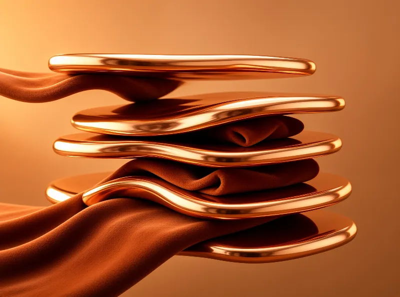 A stack of glossy golden dishes is intertwined with smooth brown fabric under warm illumination.