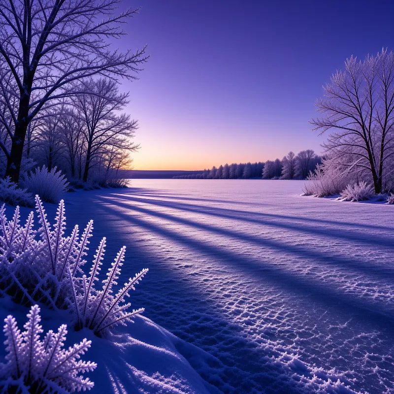 Long shadows from frosted trees stretch over an icy lake under a deep violet evening sky.