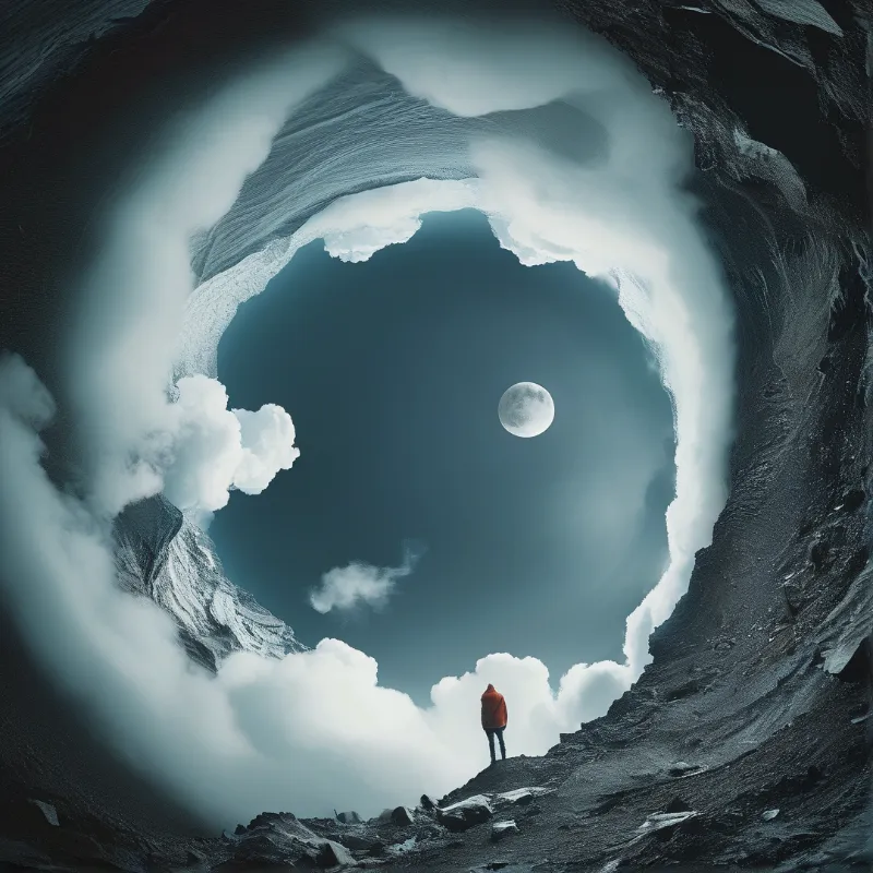A solitary figure in a red coat looks up at a full moon hanging in a deep blue sky through a twisted cavern opening.