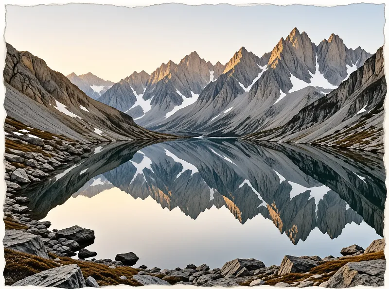 Snowy peaks rise above a still lake surface that mirrors the rugged landscape in perfect symmetry.