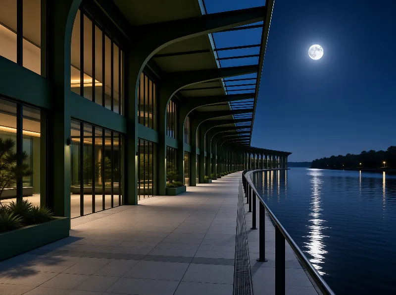 Curved architectural walkway with glowing windows beside dark water reflecting a bright moon.