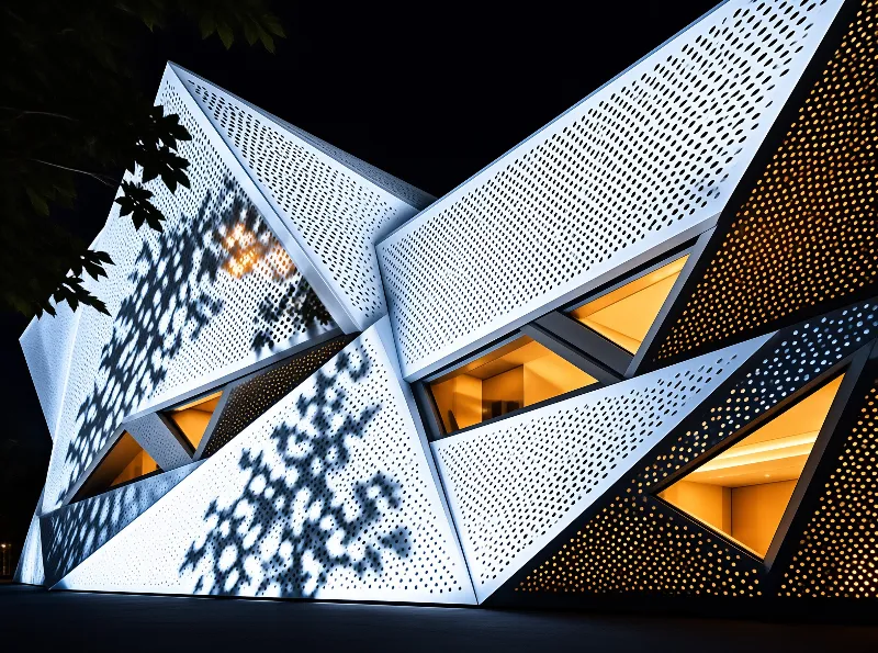 A geometric building exterior features white perforated panels contrasting with warm interior lighting under dark sky.