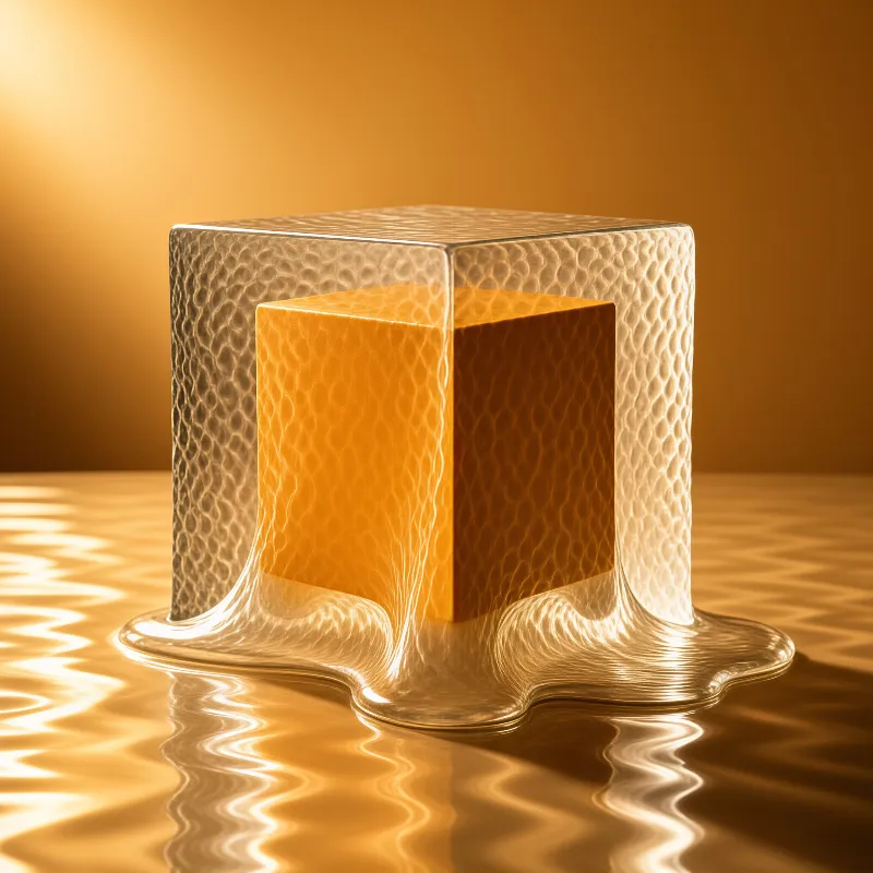 A dimpled clear container holding a solid amber cube rests on a wavy mirror-like plane bathed in warm yellow light.