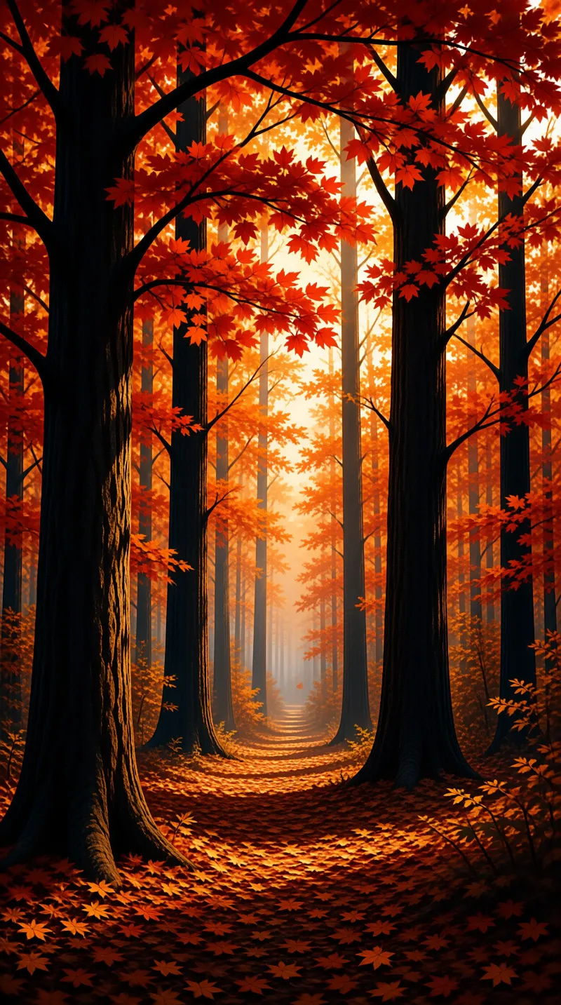 A leaf covered path recedes between dark trunks toward a warm golden glow in the forest
