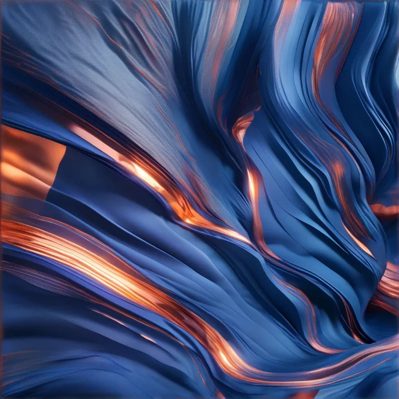 Deep blue silk fabric flows diagonally across the frame with bright orange metallic highlights catching light along folds.
