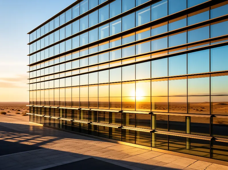 A modern glass building stands in a desert landscape while the sun reflects off its grid-like windows during golden hour.