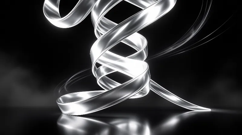 Polished metallic bands coil in mid air over a dark reflective floor with soft smoke behind.