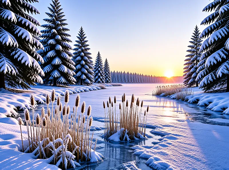 Winter Sunset Lake Scene