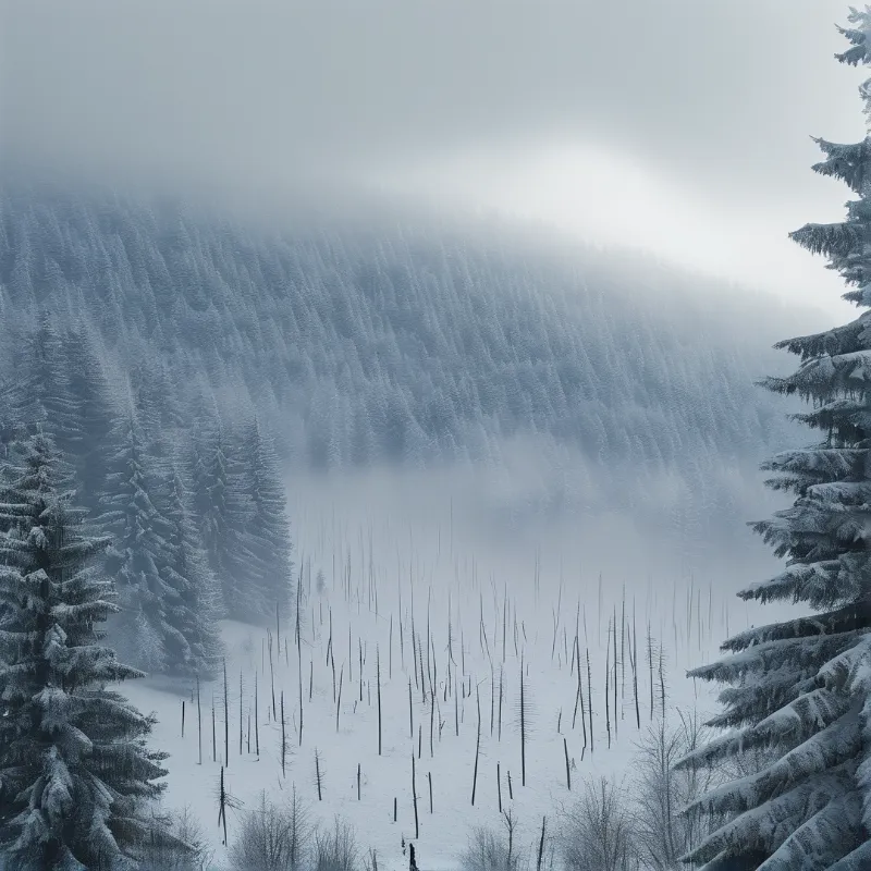 Misty Snowy Forest Landscape