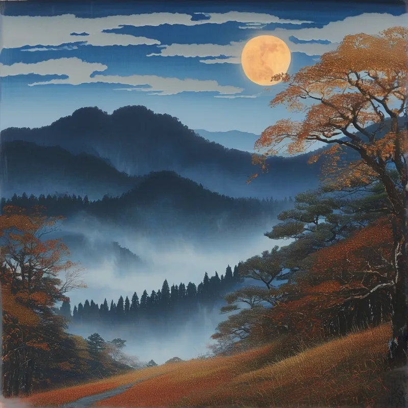 A traditional Japanese style landscape shows a pale orange full moon above layered blue hills filled with drifting fog.
