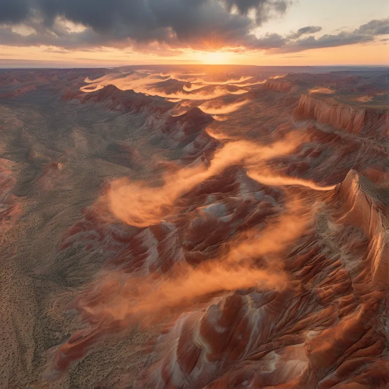 Red desert canyons glow at sunset while swirling dust drifts through eroded terrain and valleys across the wide landscape.