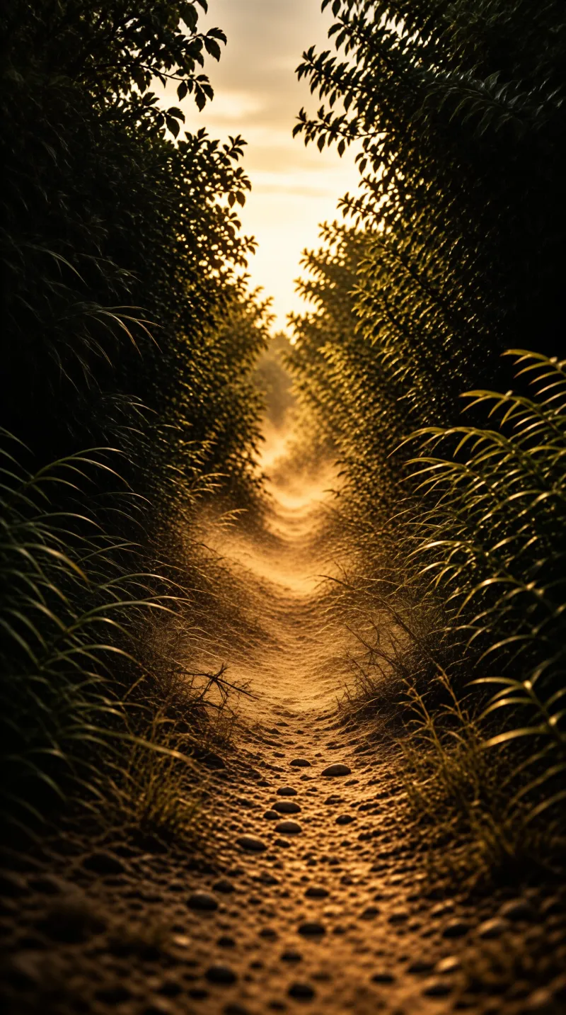 A sun-drenched dirt road winds through a tunnel of dark foliage, disappearing into a bright, hazy horizon.