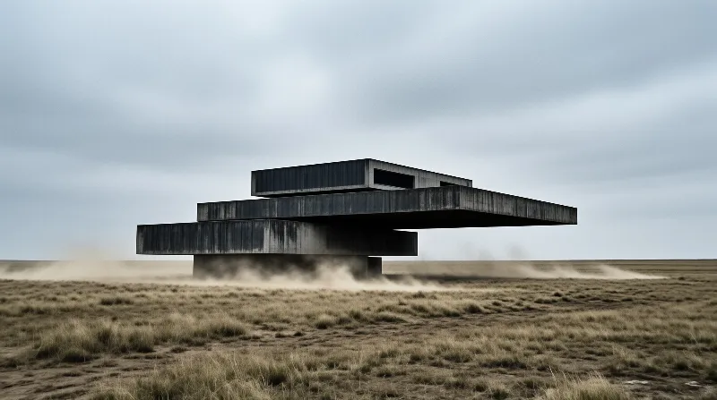 Offset concrete volumes rise from dry grassland while dust swirls around the base under a gray overcast sky.