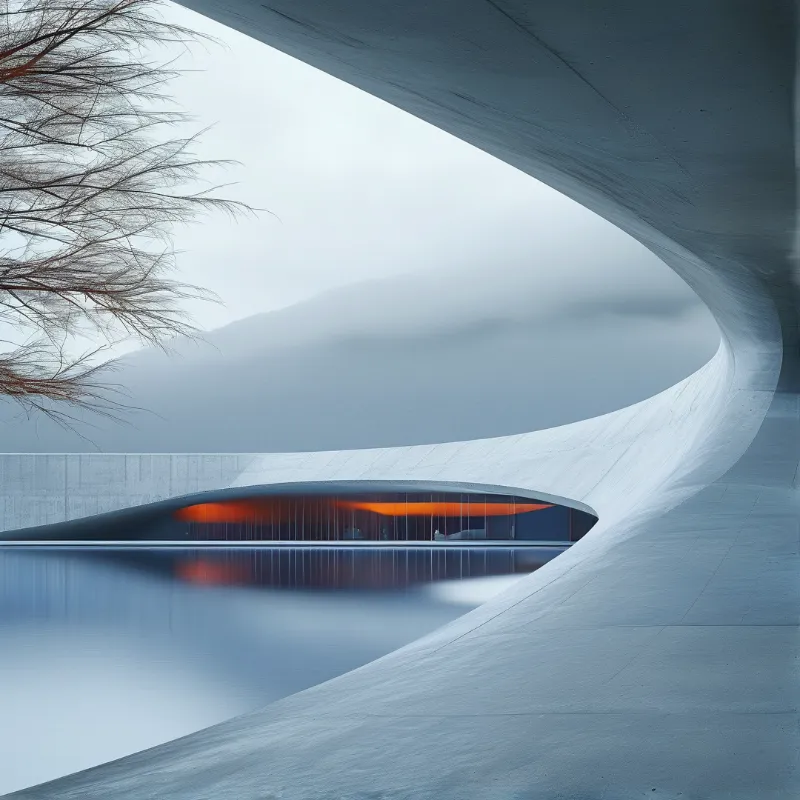 A sweeping curved concrete roof shelters a pavilion glowing orange above a still reflecting pool.