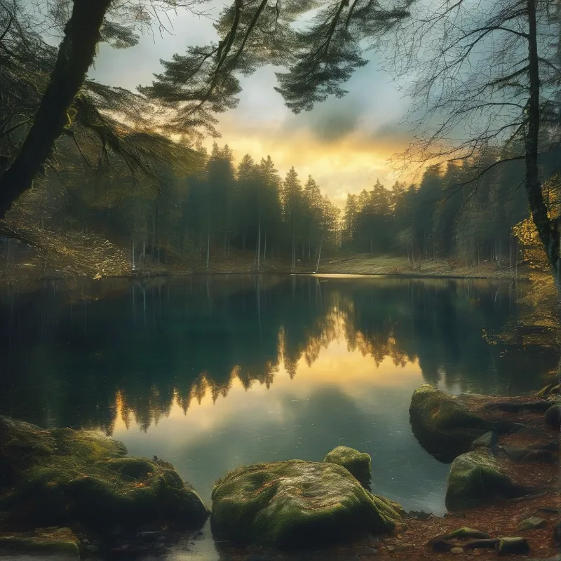 A calm forest lake reflects the golden sky and silhouettes of pine trees during a misty sunrise