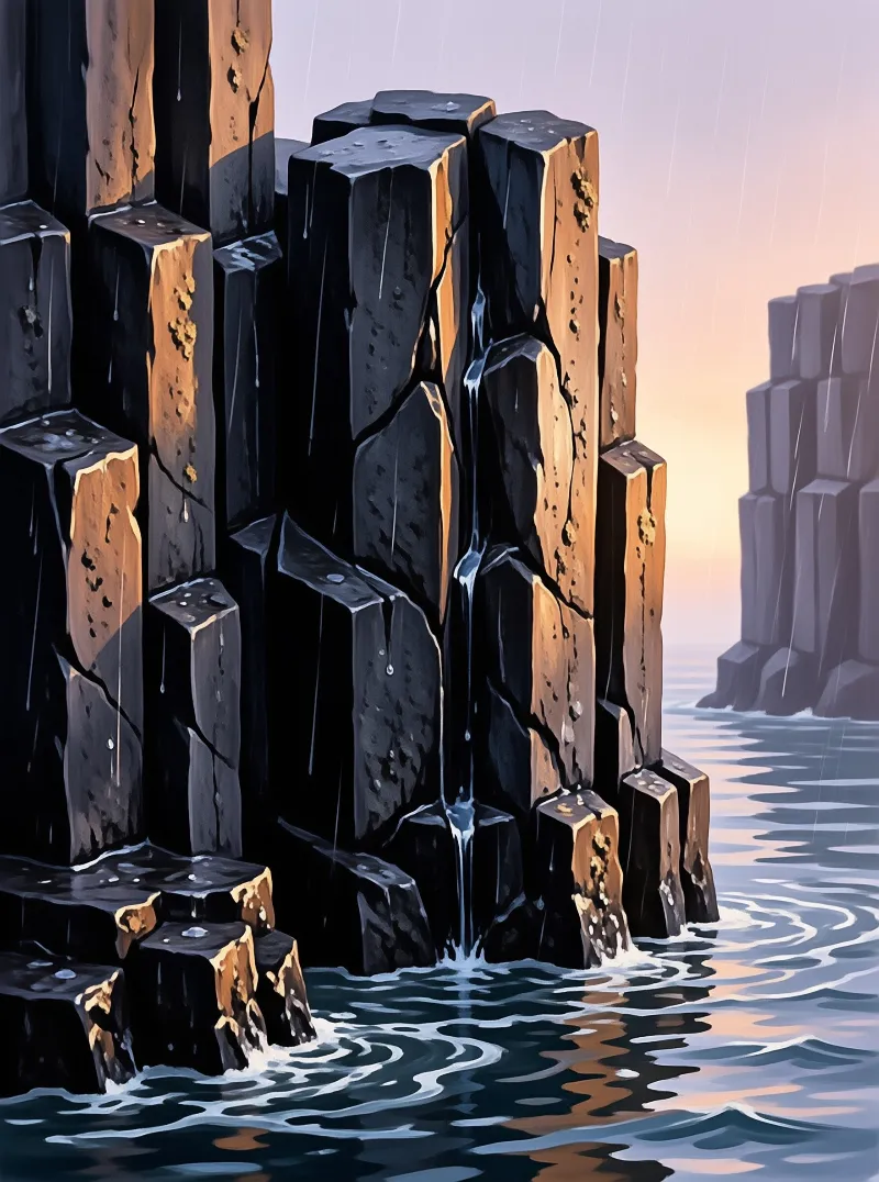 Wet dark stone pillars rise from the ocean surface beneath a soft gradient sky and light rain.