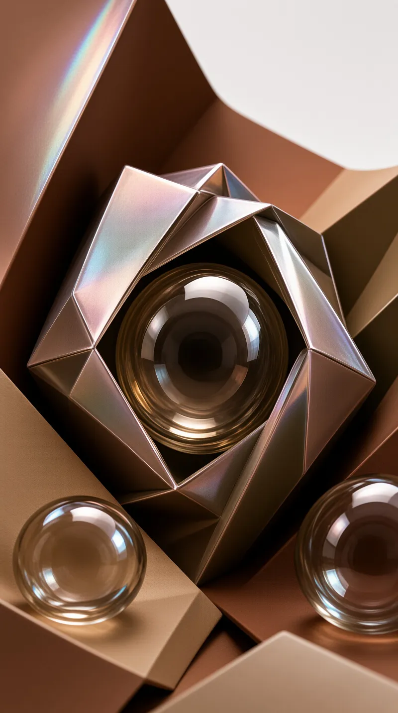 A faceted iridescent container holds a large amber glass sphere while two smaller orbs rest on geometric planes.