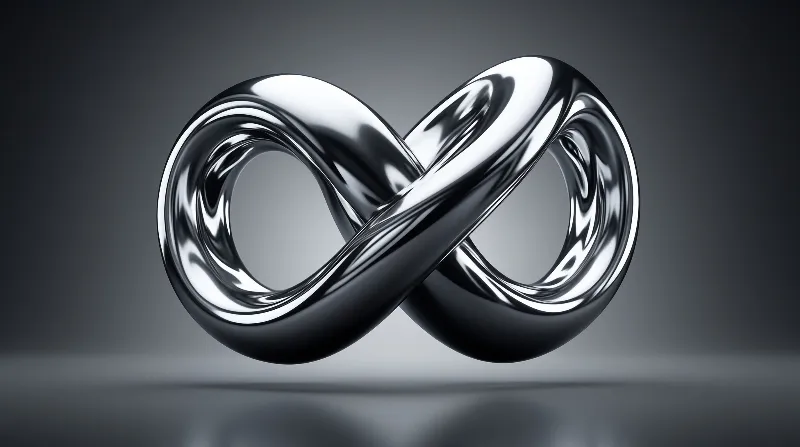 A highly reflective metallic lemniscate curves continuously against a smooth dark gradient background with bright highlights.