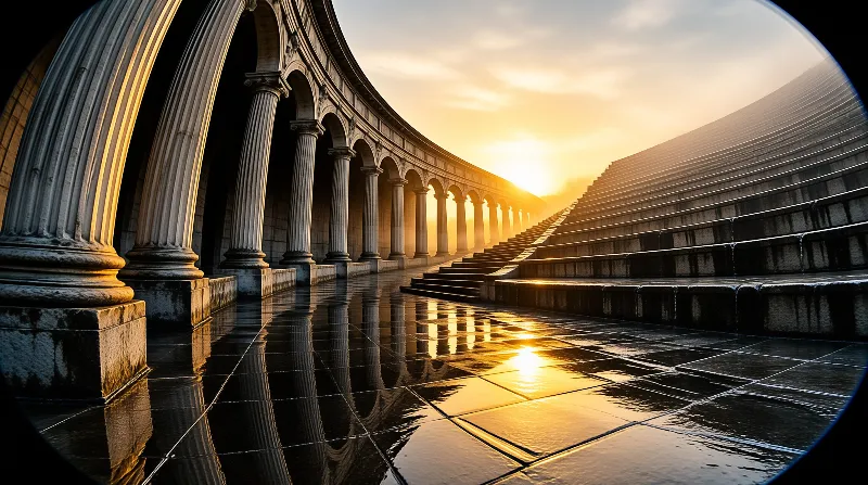 A curved colonnade of stone columns stands next to wide steps while golden sunlight reflects off the wet pavement.