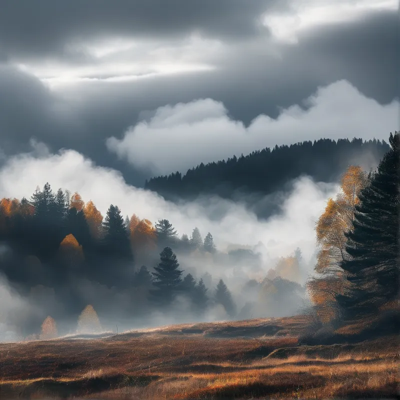 Dense fog rolls across a hilly landscape filled with evergreen conifers and bright yellow deciduous trees during autumn.