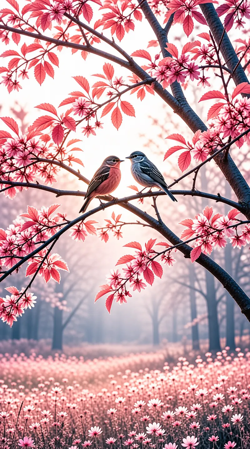 A pair of songbirds rest on a flowering branch above a misty grove filled with countless pink blossoms.