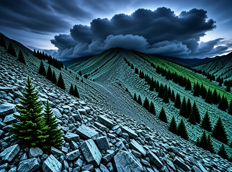 A steep rocky mountain slope dotted with dark pine trees beneath a dramatic cloudy sky.