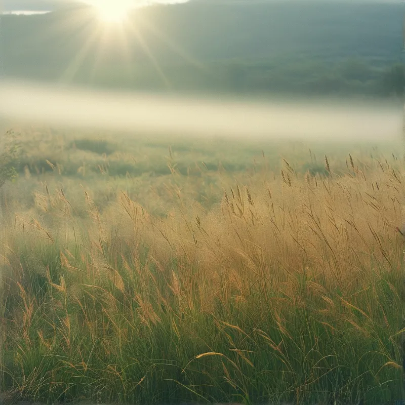 Tall golden grass fills the foreground while sun rays pierce through thick white fog hovering over the distant green hills.