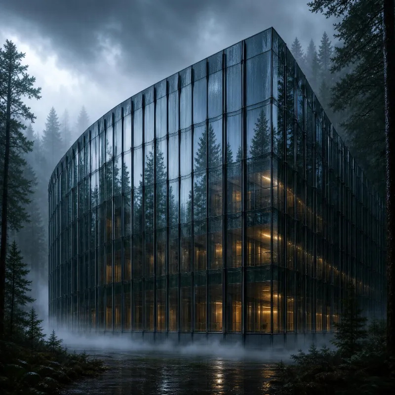Misty Glass Building in Woods