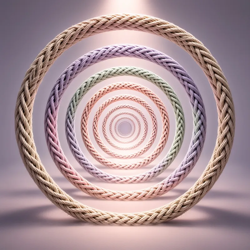 Concentric rings of twisted pastel rope float above a smooth pink surface under soft lighting.