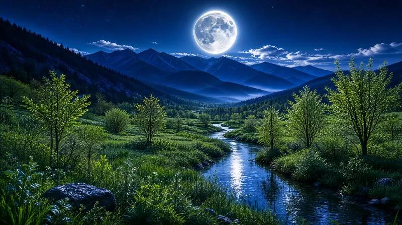 Moonlit River Valley Night