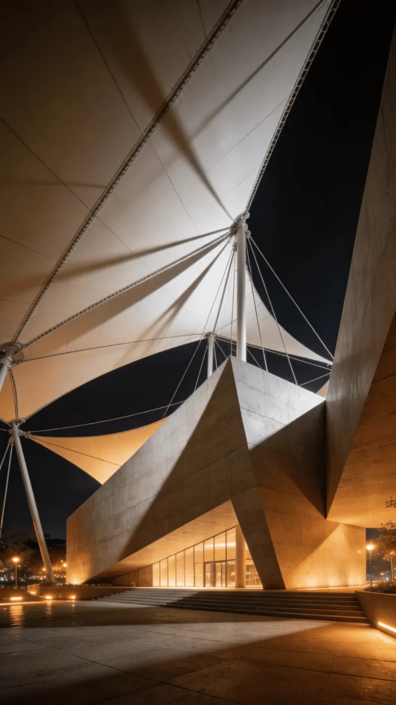 Museum with Tensile Structure — Night With Warm Lights