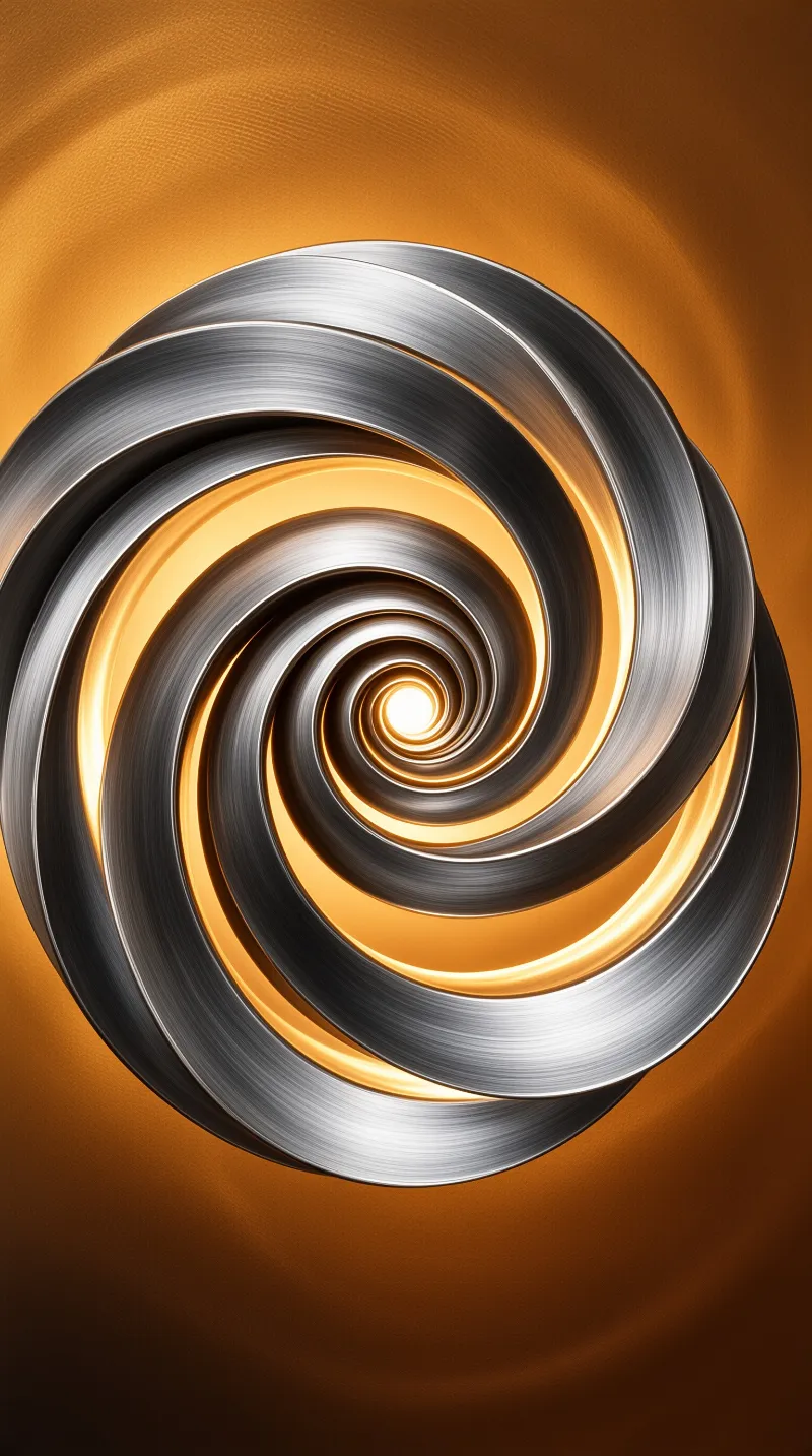 Concentric metallic rings form a deep vortex that leads the eye toward a glowing light source in the center of the frame