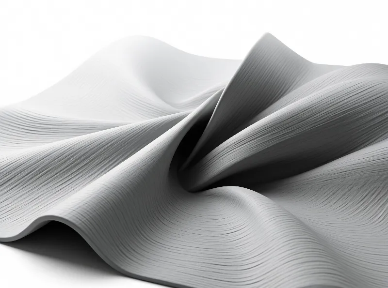 A sheet of ribbed gray material rises and folds into soft twisted waves against a bright white backdrop.