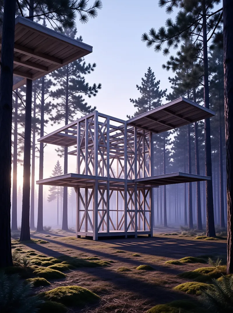 An open skeletal structure of stacked wooden decks stands among tall pines as low dawn sun lights the mossy forest floor