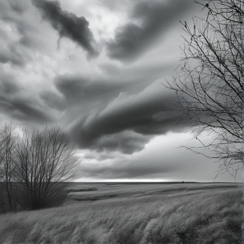 A massive cloud formation hovers low over a grassy plain framed by bare trees under a gloomy sky.