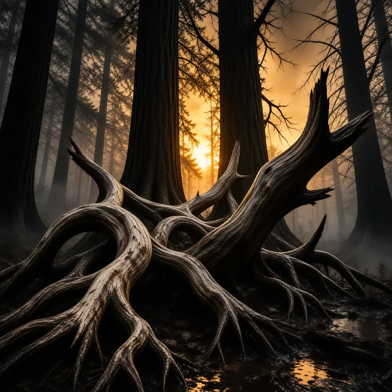A twisted root structure dominates the foreground while golden light shines through the misty pine forest.