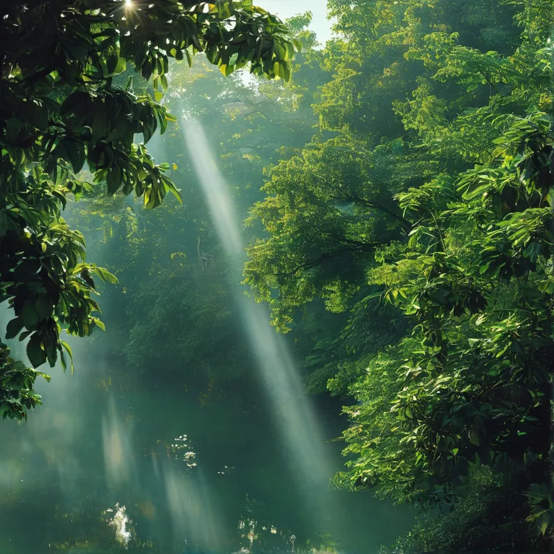 Sunlight streams through heavy green foliage of a deep forest revealing misty air and illuminated tree branches.