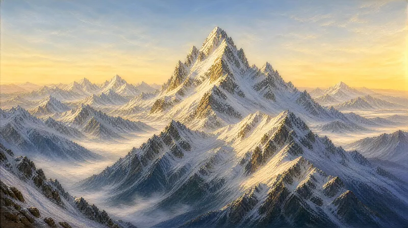 A snow covered mountain range with multiple layers of peaks, a central sharp peak, and misty valleys, all illuminated by golden hour sunlight.