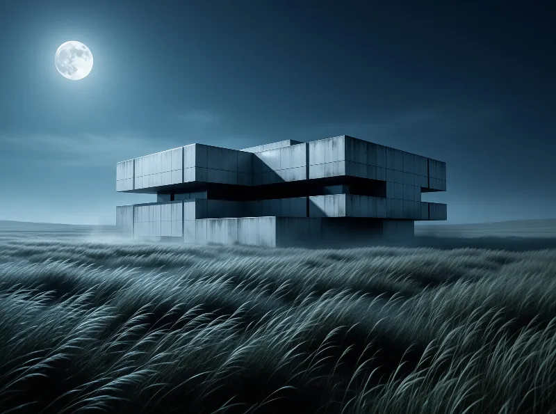 A grey concrete structure stands in swaying dark grass under a bright full moon.