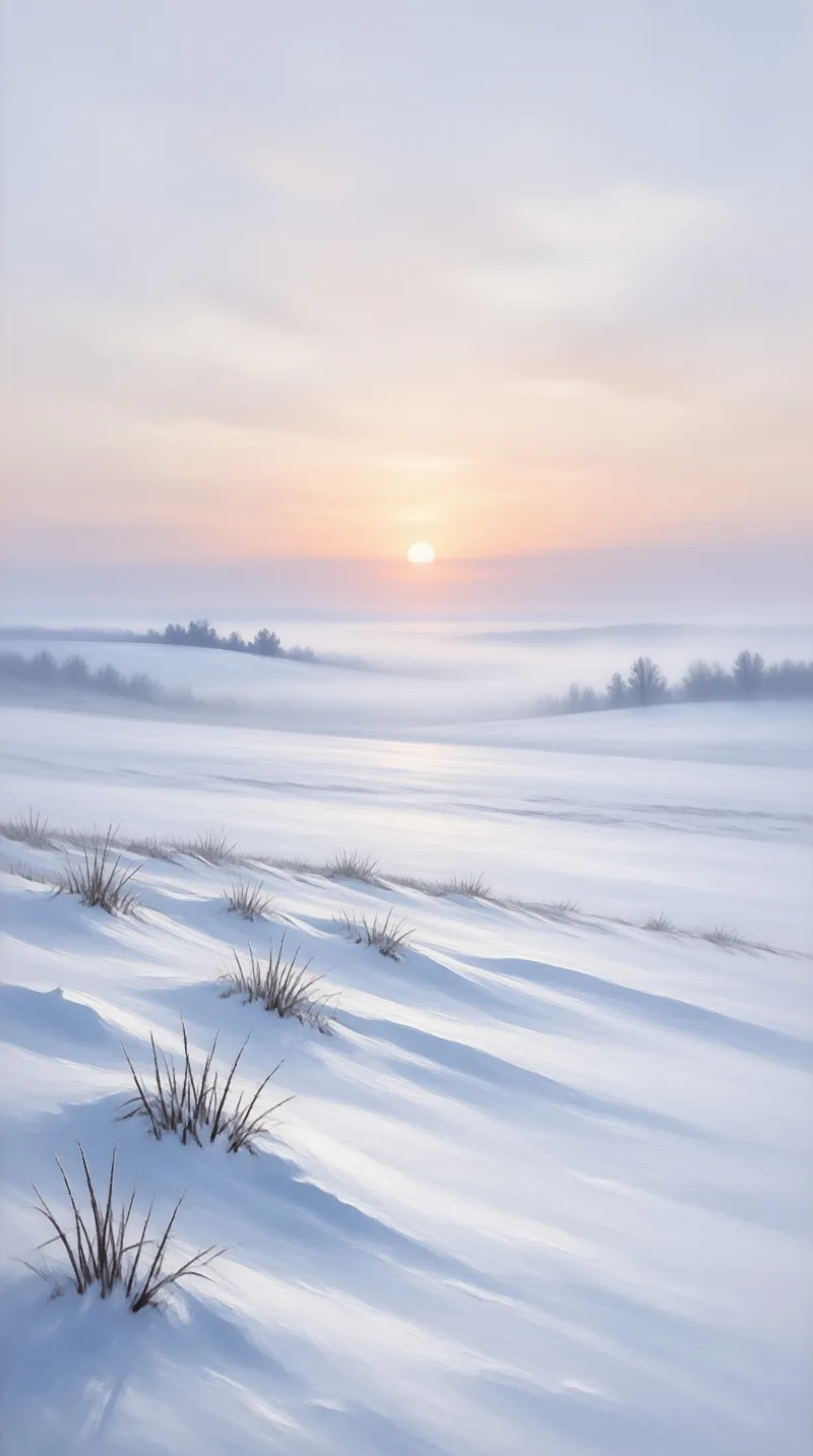 A vast white landscape features dry grass stalks emerging from snow while a low sun glows above foggy hills.