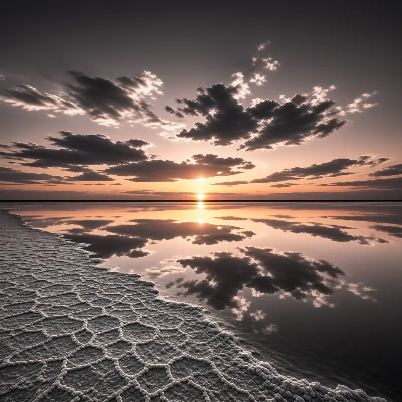 Textured salt crust meets calm water mirroring a sunset sky with scattered clouds and warm orange light.