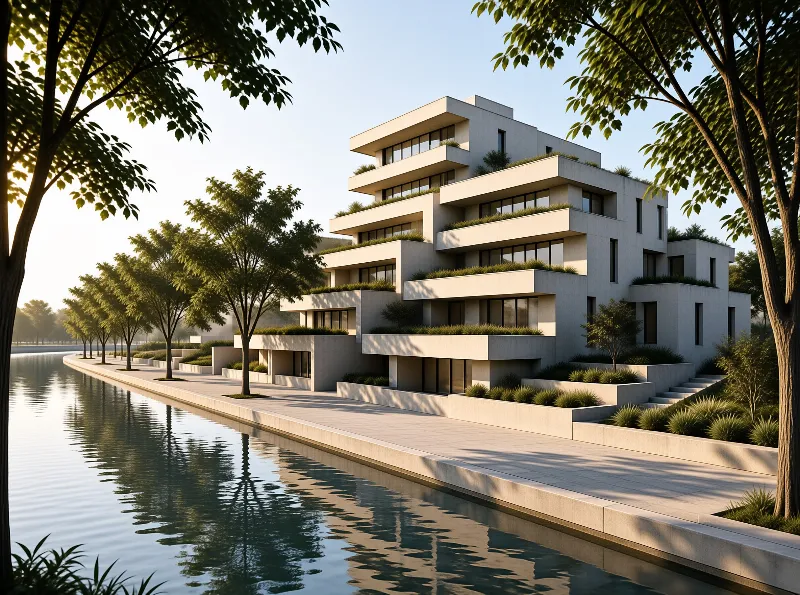 White geometric building with planted terraces beside a calm river reflecting trees during golden hour.