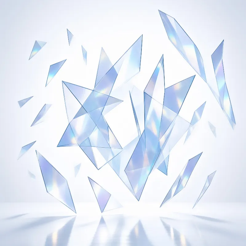 Translucent blue fragments explode within a bright white space featuring sharp reflections on the ground.
