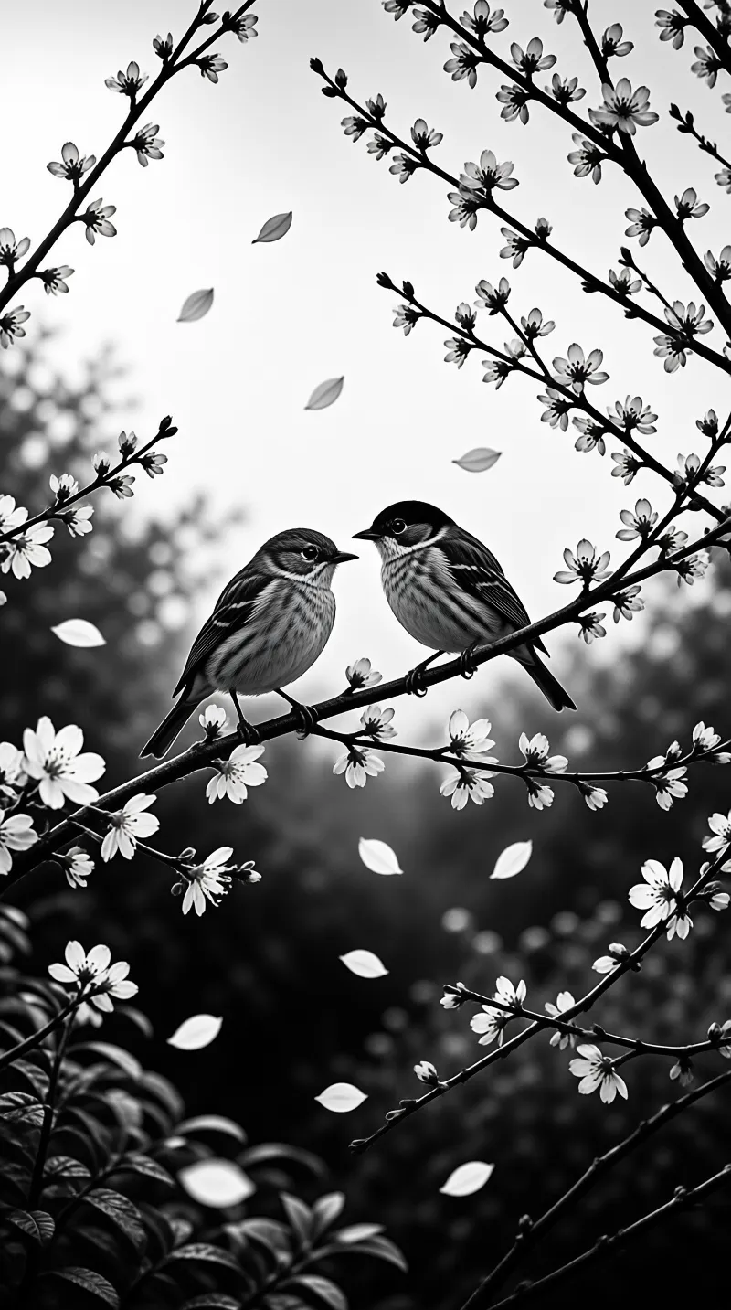 A pair of small birds perches on a blossoming branch while white petals drift through the surrounding air.