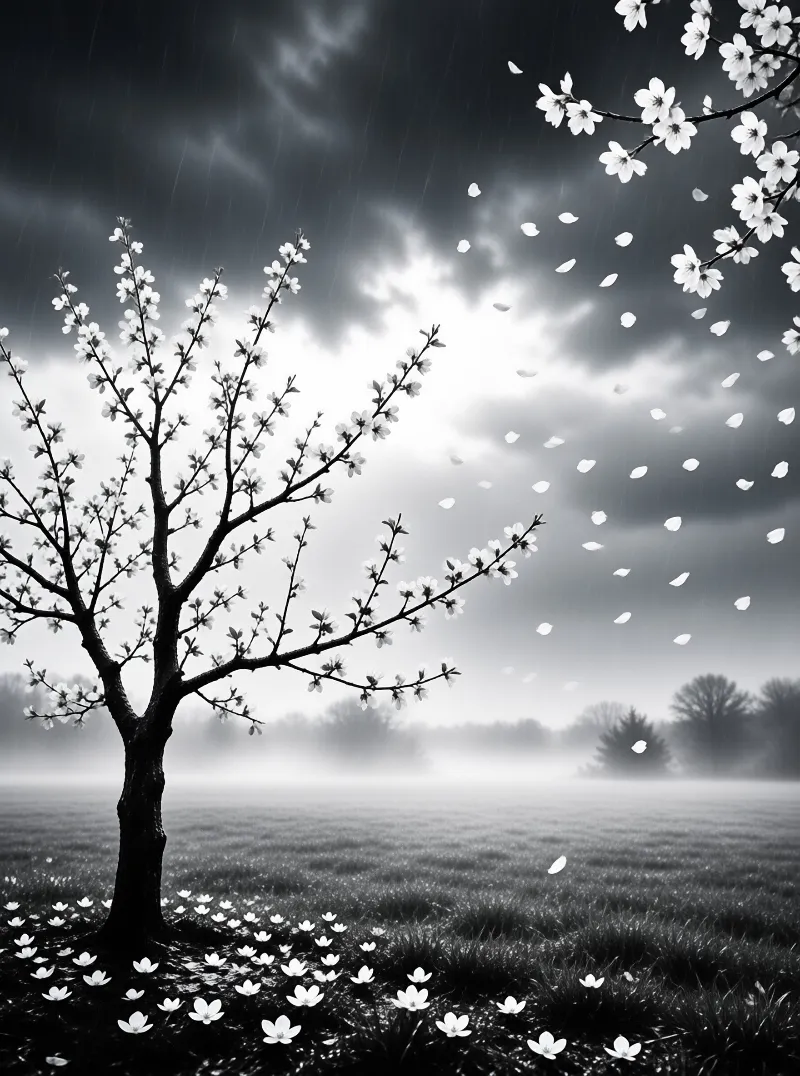 A solitary tree with white flowers stands in a foggy meadow while petals drift down from a dark cloudy sky.