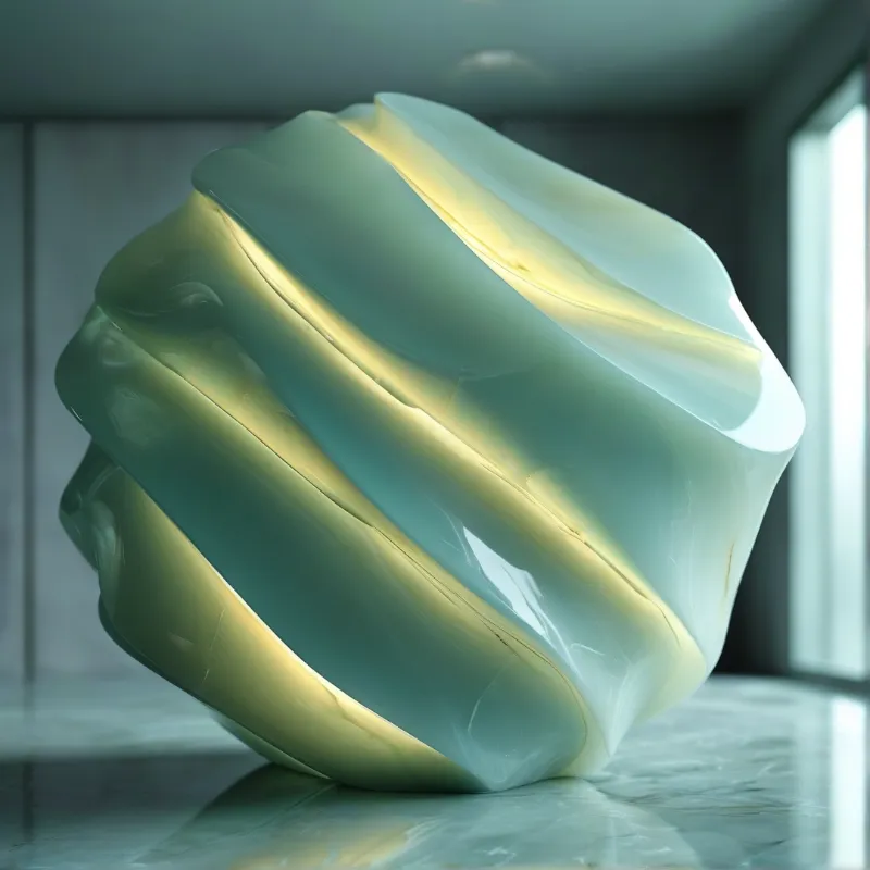 A large, smooth, folded teal sculpture rests on a reflective stone surface, illuminated by soft, warm internal light.