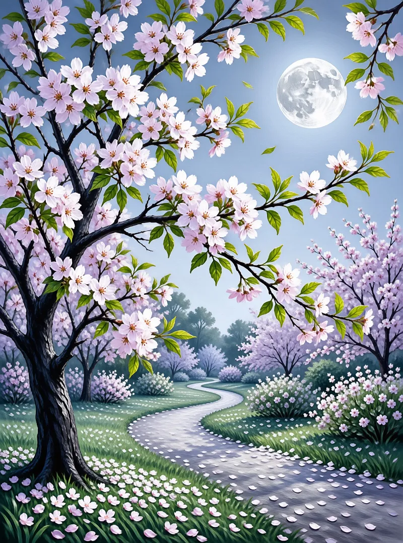 Blossoming cherry trees line a curving petal-strewn park path under a bright full moon at soft blue dusk, distant flowering bushes dot the green grass.