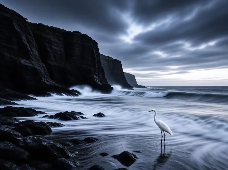 A white bird stands in shallow water beside crashing waves and tall dark cliffs under a cloudy blue sky.