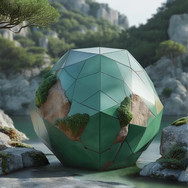 A cracked geometric sphere rests in calm water near rocky banks and forested hills under soft natural daylight.
